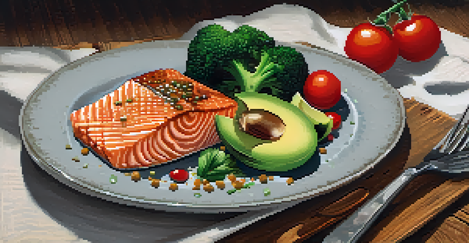 A healthy lunch plate with grilled salmon, quinoa, broccoli, cherry tomatoes, and avocado on a wooden table.