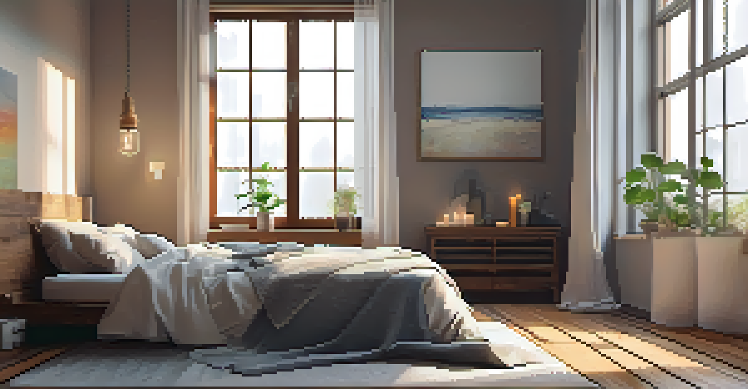 A cozy bedroom with a made bed, candles on a bedside table, and a yoga mat on the wooden floor, bathed in natural light.