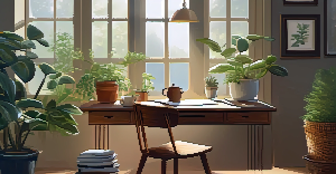 A peaceful workspace with a wooden desk, plants, and a cup of tea, illustrating a balance between work and personal life.