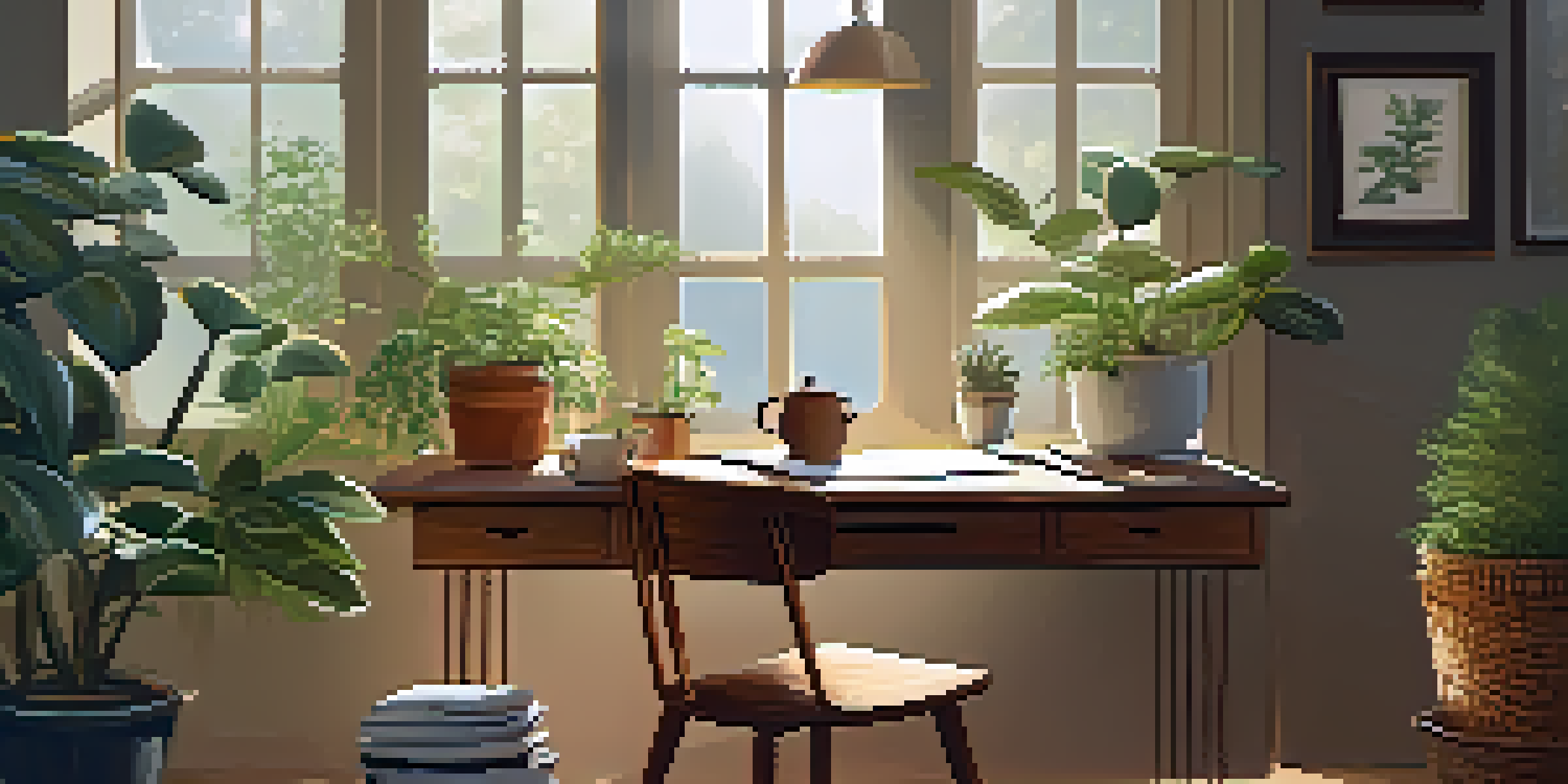 A peaceful workspace with a wooden desk, plants, and a cup of tea, illustrating a balance between work and personal life.