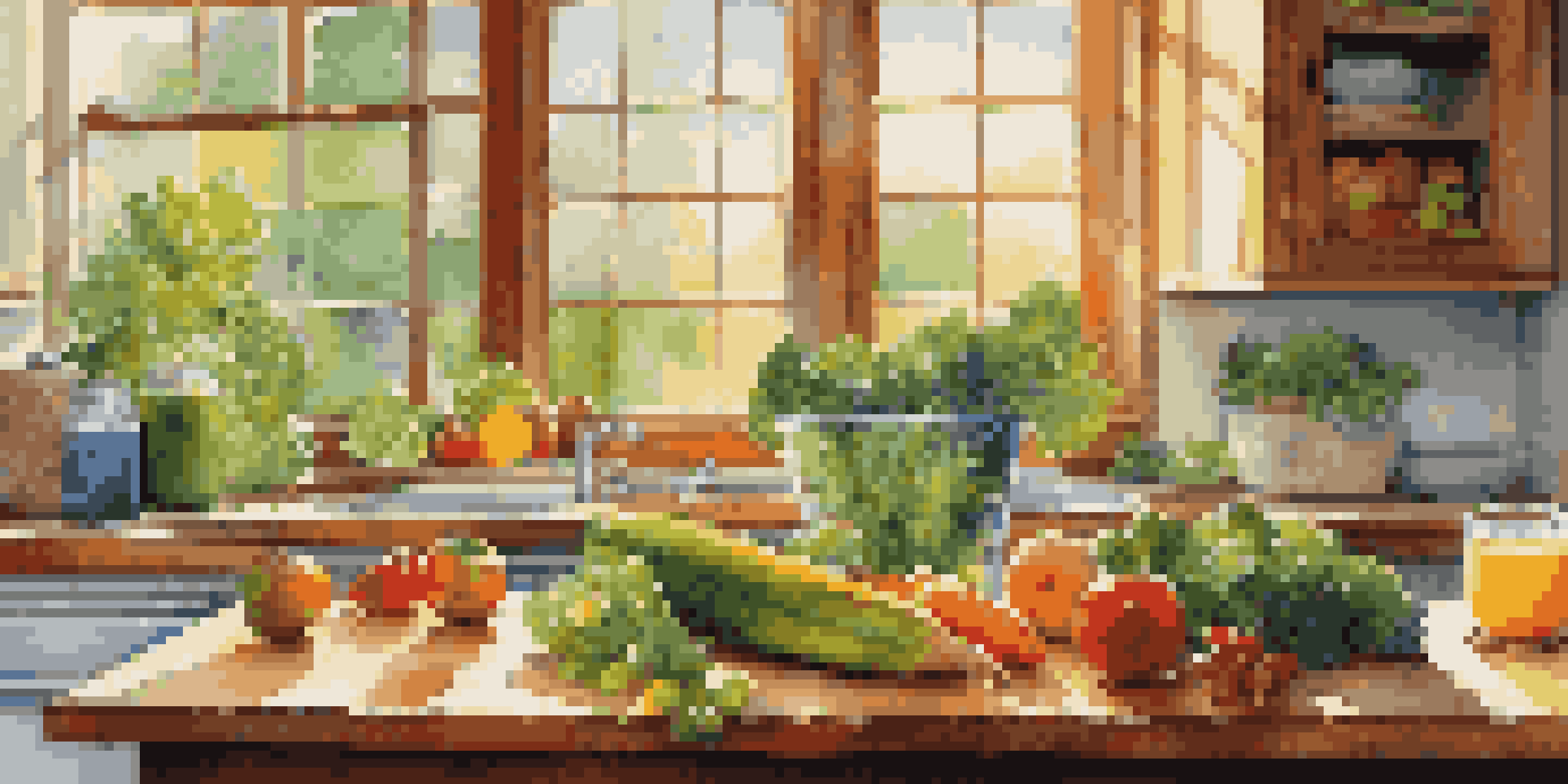 A bright kitchen filled with fresh fruits and vegetables on a countertop, a glass of green smoothie in the foreground, with sunlight streaming through a window.