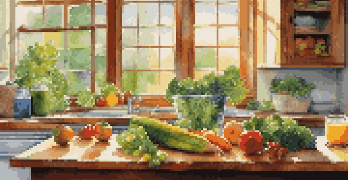 A bright kitchen filled with fresh fruits and vegetables on a countertop, a glass of green smoothie in the foreground, with sunlight streaming through a window.
