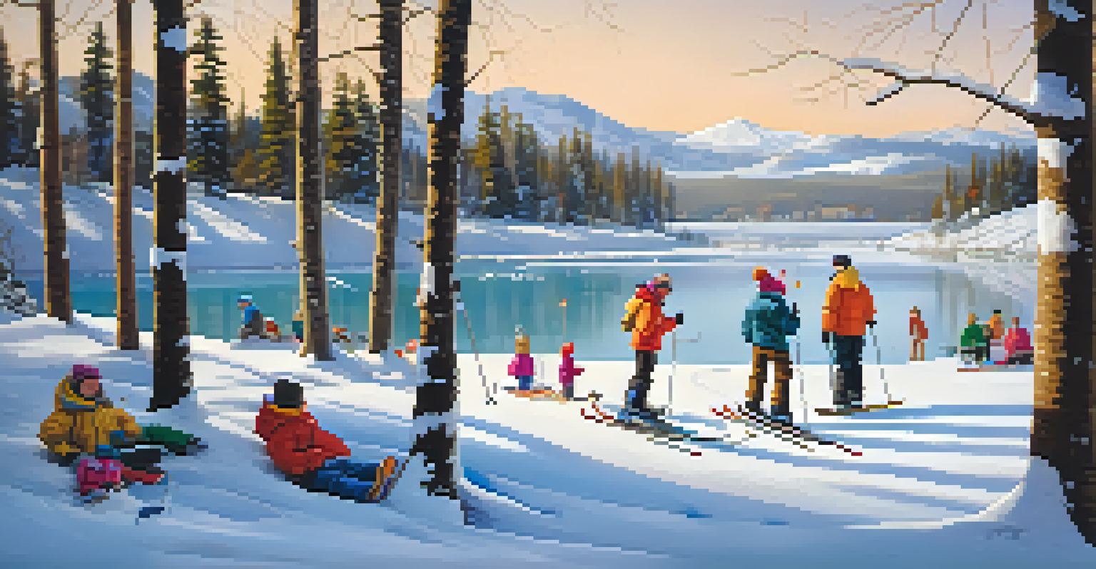 A group of friends enjoying winter activities like skiing and ice fishing in a snowy landscape.