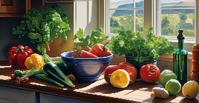 A bright kitchen with fresh vegetables and fruits on a countertop, illuminated by sunlight, with a cutting board and herbs in the foreground.