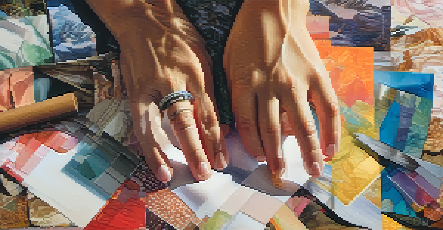 Close-up of hands working on a colorful collage with various textured materials.