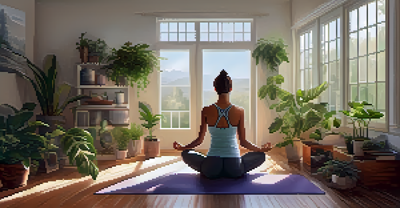 An individual exercising indoors with light weights, surrounded by plants and natural light, with a yoga mat and fitness journal.