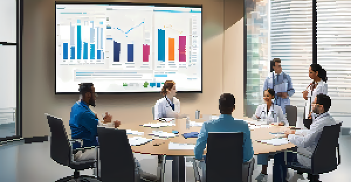 A group of healthcare providers engaged in a discussion about Electronic Health Record systems in a meeting room.