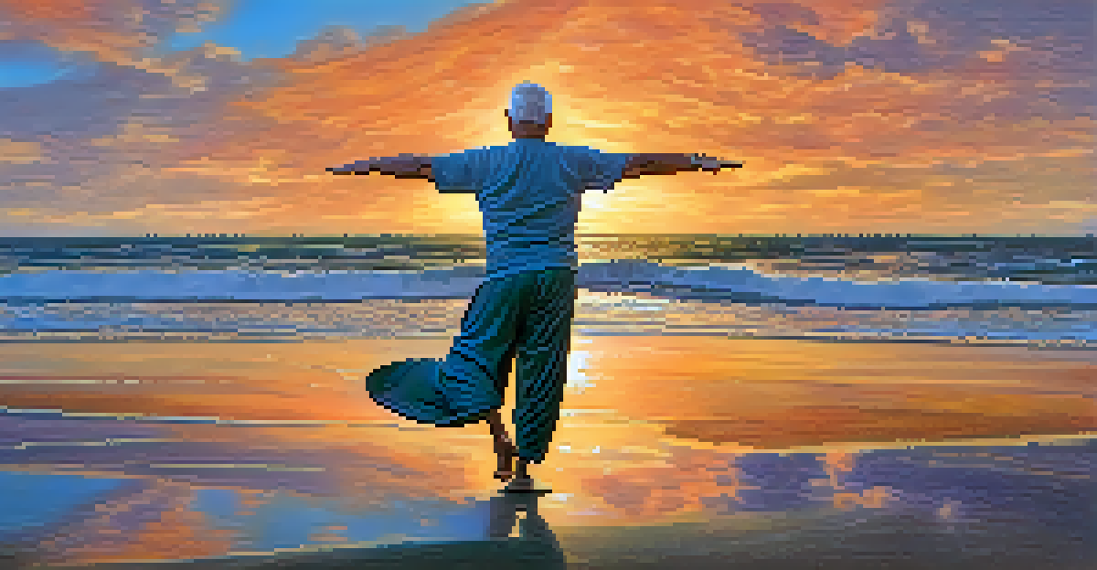 An older man practicing Warrior II yoga pose on the beach during sunset, showcasing strength and balance.