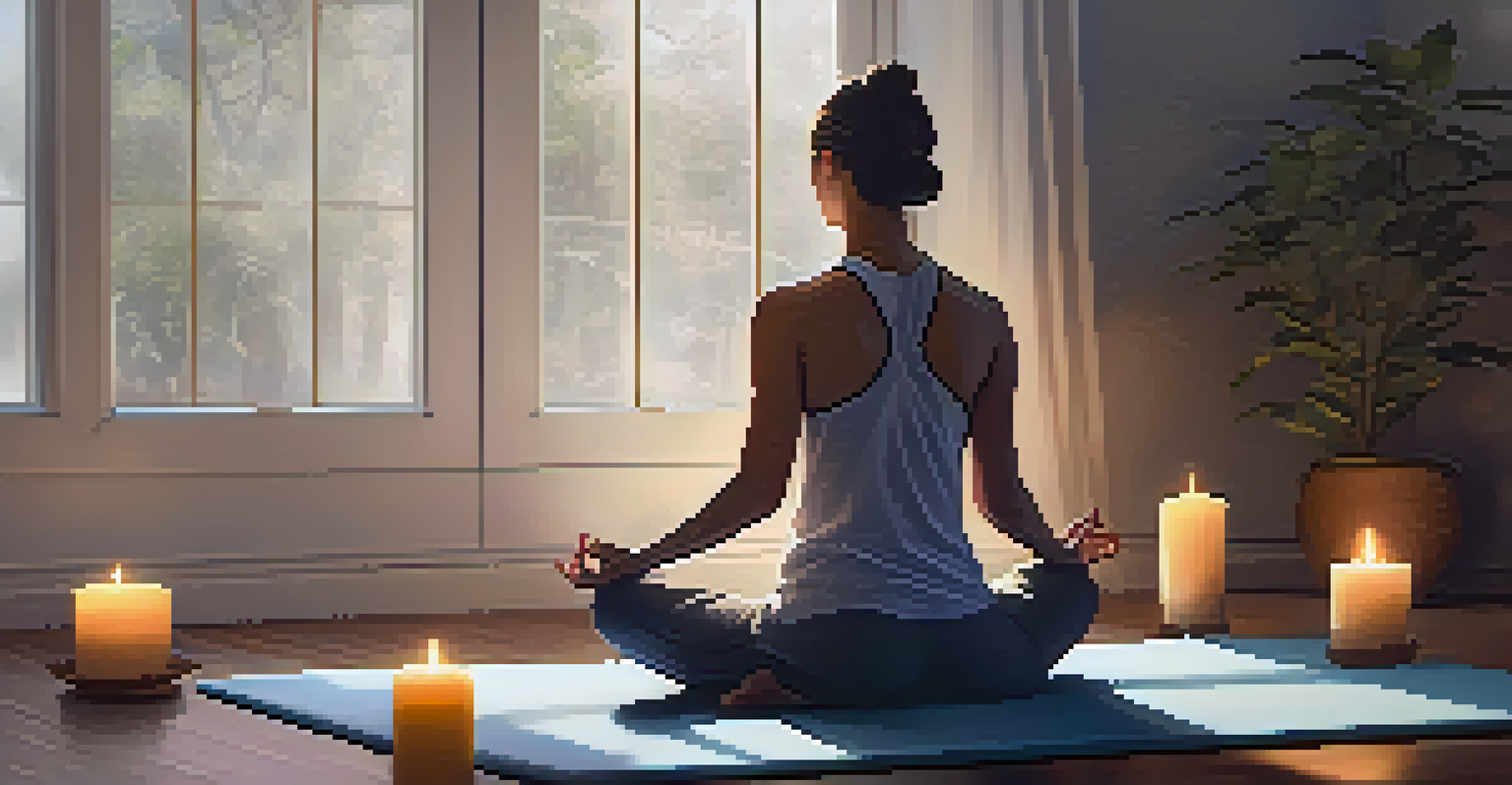 A person meditating peacefully in a bright room filled with cushions and candles, with sunlight streaming through a window.