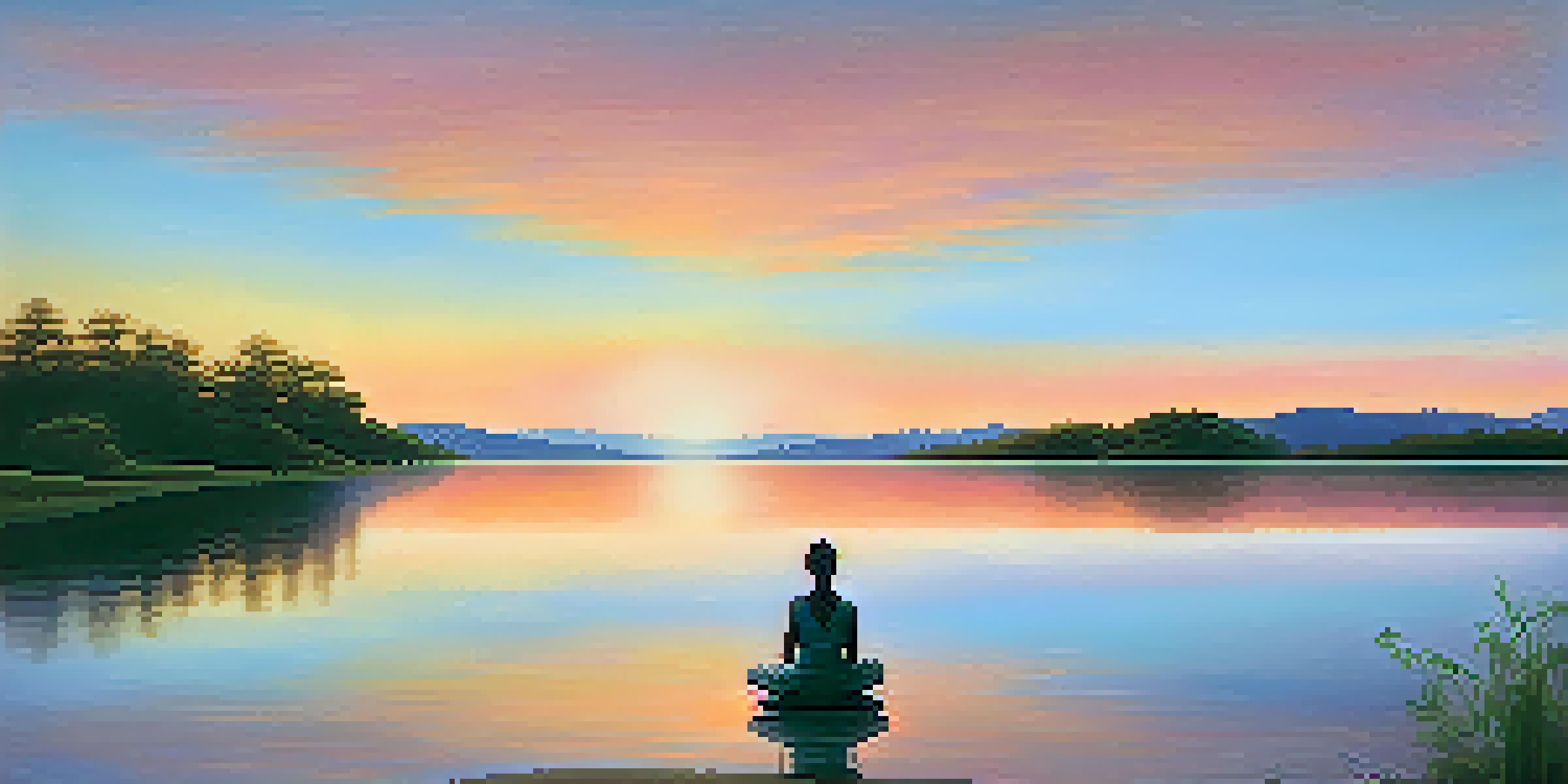 A peaceful lake at sunset with a person practicing mindfulness at the water's edge, surrounded by green hills.