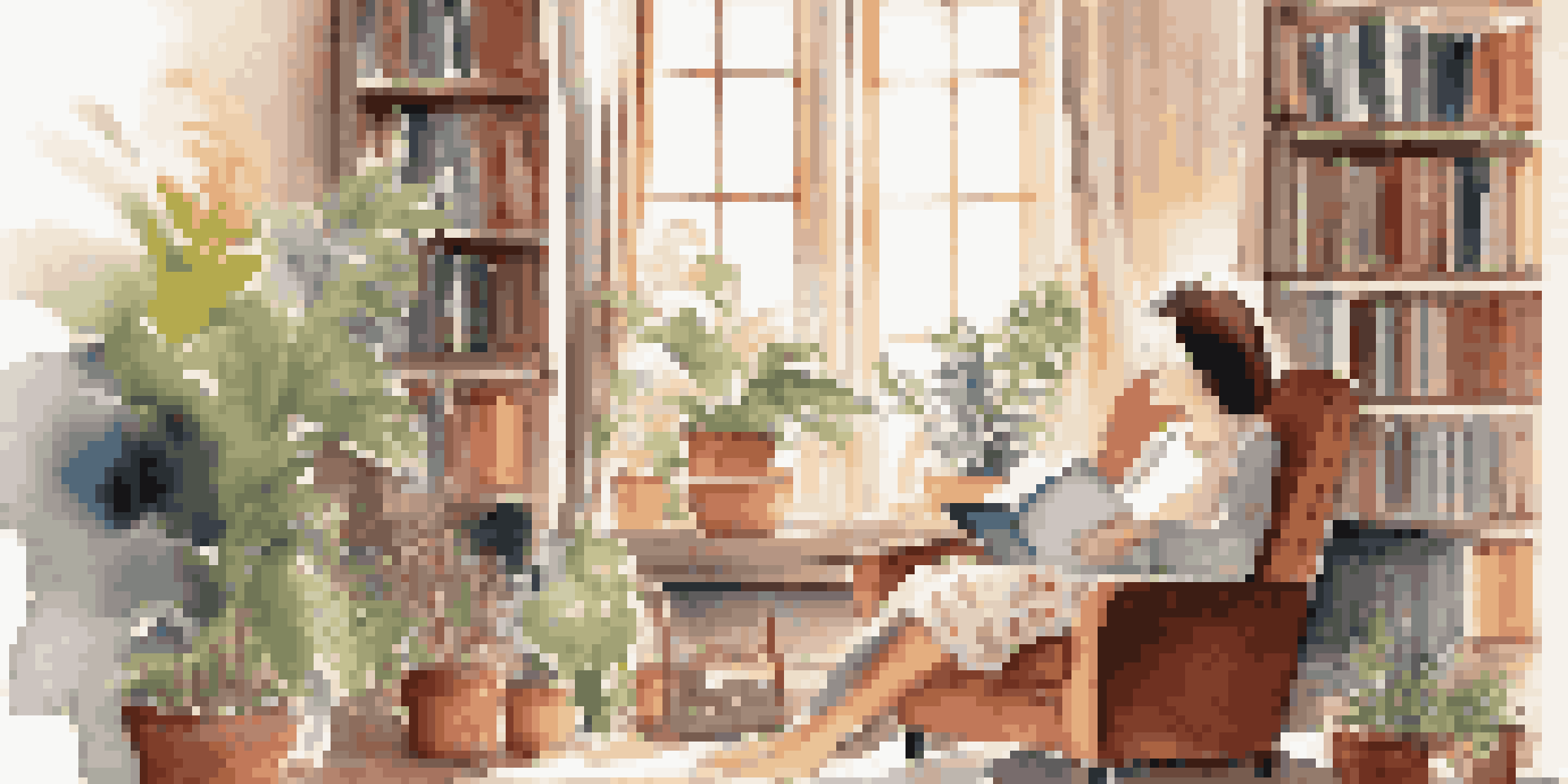 A woman practicing mindfulness in a cozy living room with sunlight streaming through a window.