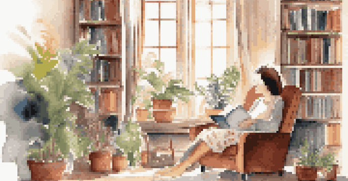 A woman practicing mindfulness in a cozy living room with sunlight streaming through a window.
