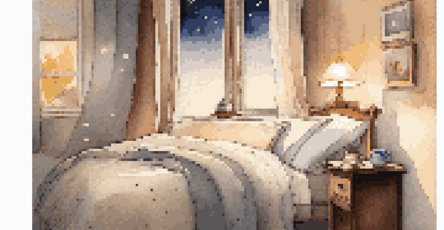 A serene bedroom with a cozy bed, a nightstand featuring a glass of water and a bowl of almonds, and a peaceful night sky visible through the window.