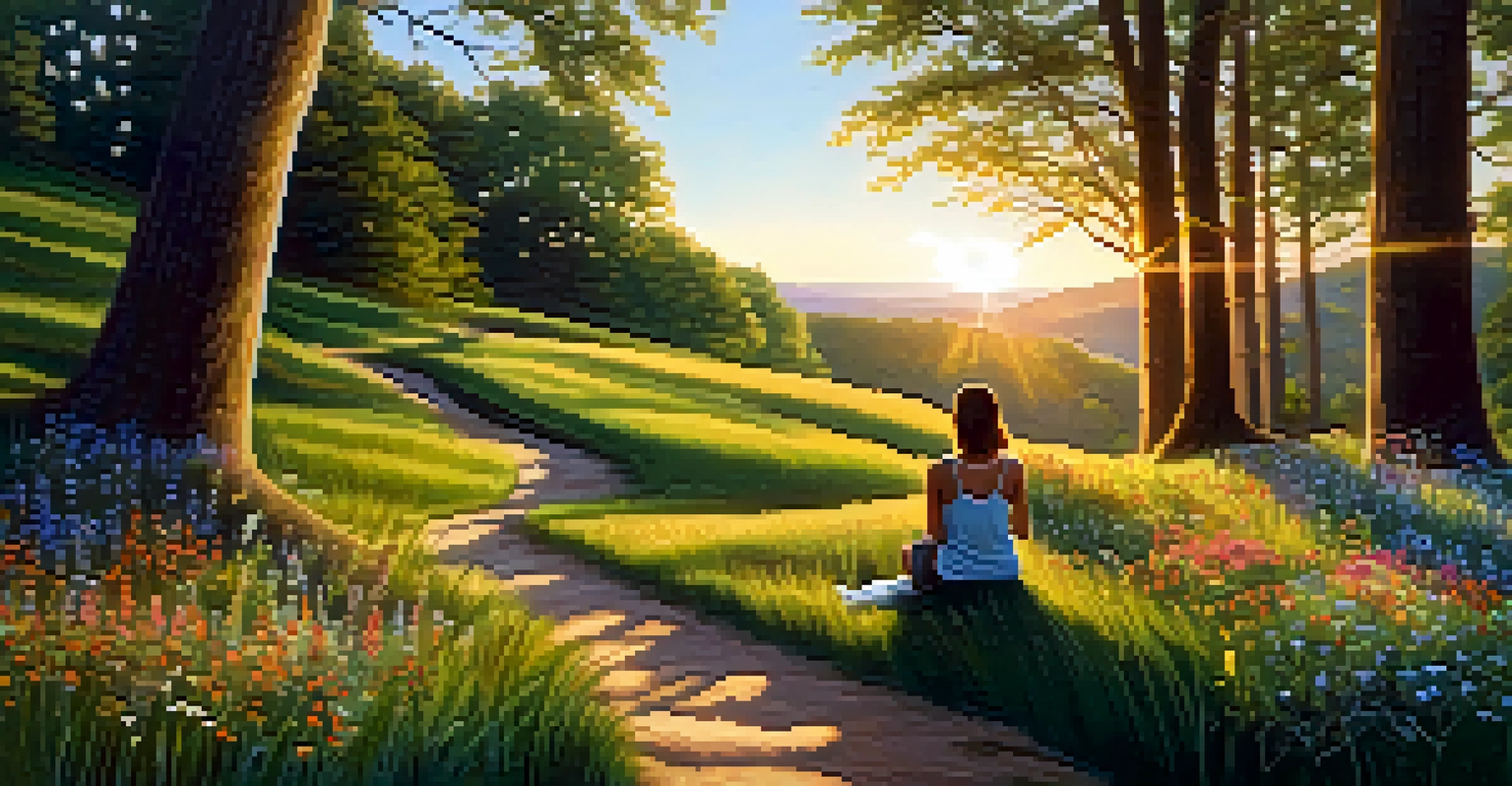 A person practicing mindfulness in a tranquil forest setting, surrounded by wildflowers and sunlight filtering through the trees.
