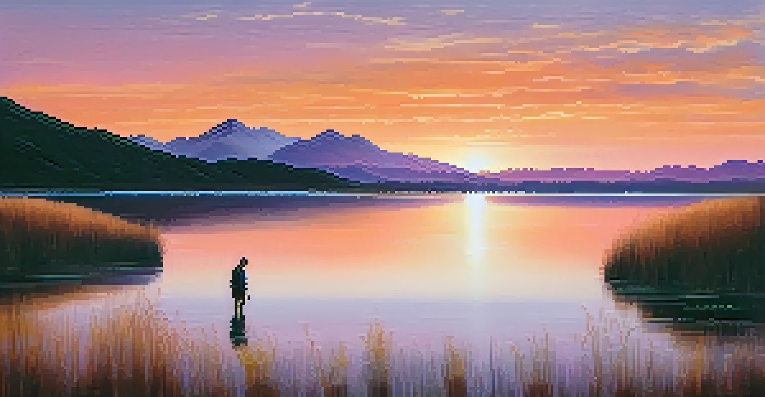 A person standing by a lake at sunset, with colorful skies reflecting on the water, surrounded by nature.
