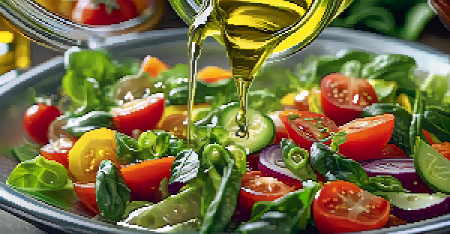 Close-up of olive oil being drizzled over a fresh salad with colorful vegetables, showcasing the texture and colors.