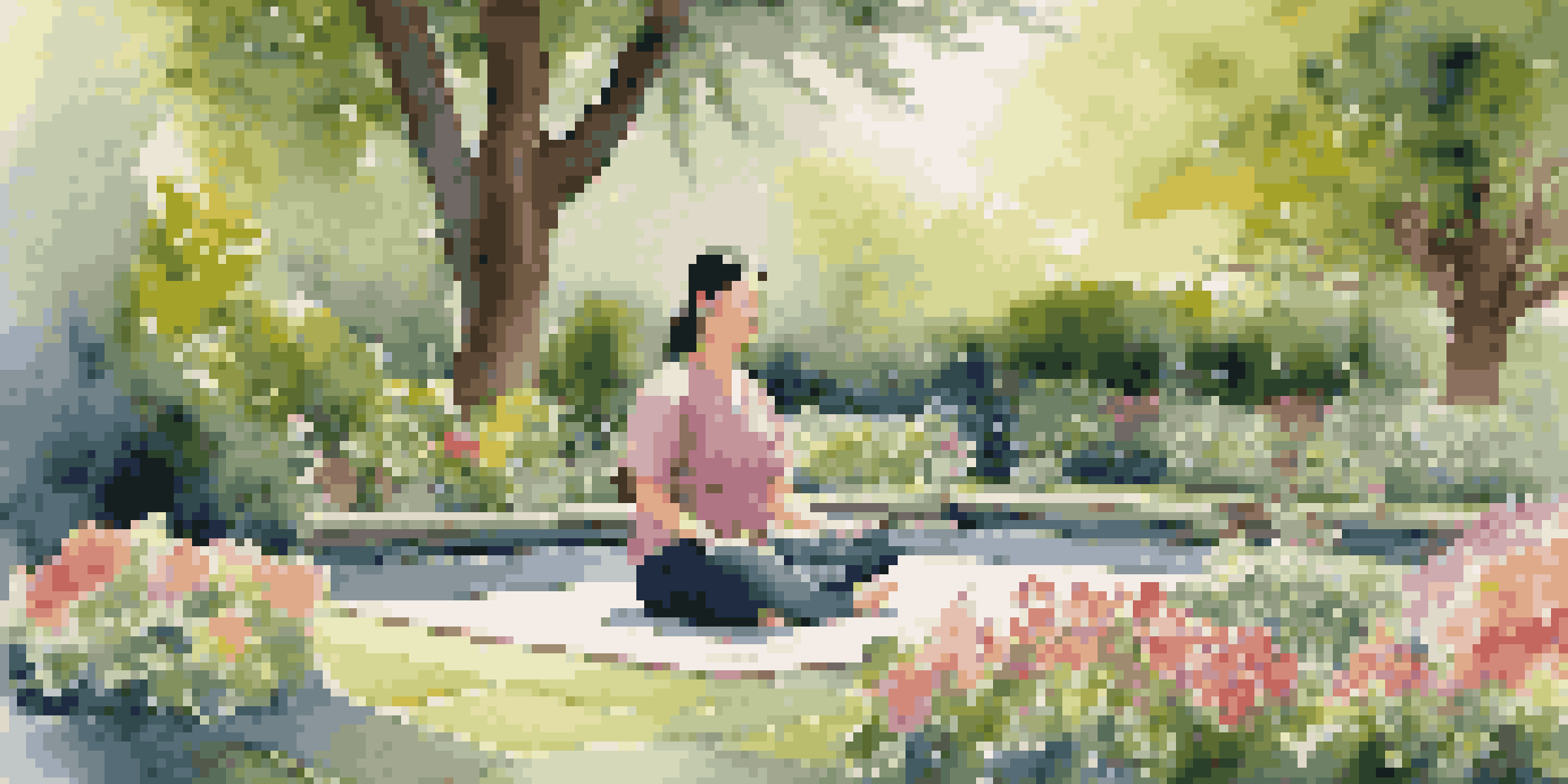 A person meditating in a peaceful garden surrounded by flowers and a fountain, with soft morning light illuminating the scene.