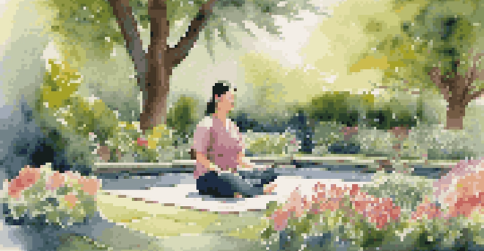 A person meditating in a peaceful garden surrounded by flowers and a fountain, with soft morning light illuminating the scene.