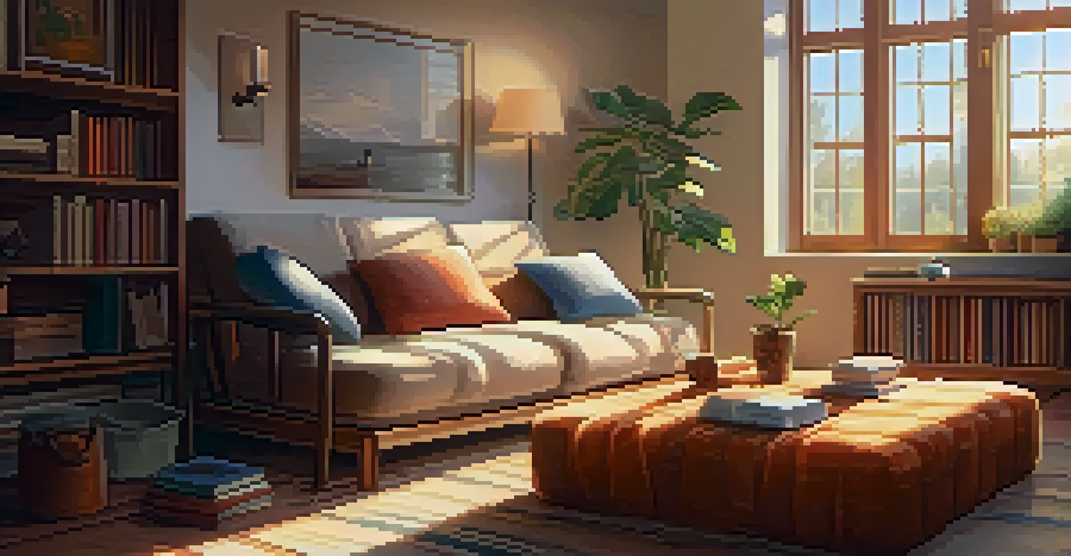 A tranquil living room with a person meditating on a sofa surrounded by books.