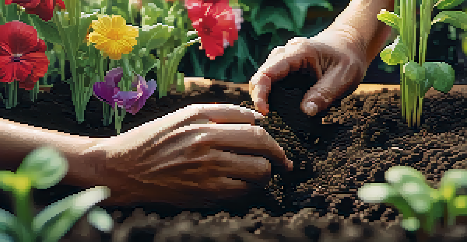 Close-up of hands planting seedlings in dark soil in a community garden, with vibrant plants and flowers in the blurred background.