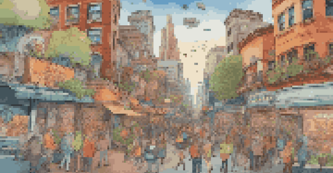 An artistic representation of a diverse gut microbiome with friendly microorganisms in a city-like setting, showcasing various shapes and colors.