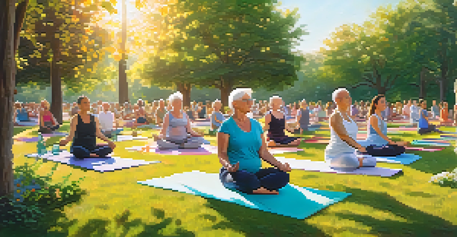 Older adults practicing yoga outdoors in a park, surrounded by greenery and flowers, during a warm golden hour.