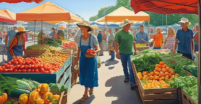 A lively farmer's market filled with colorful seasonal vegetables and people interacting with farmers.