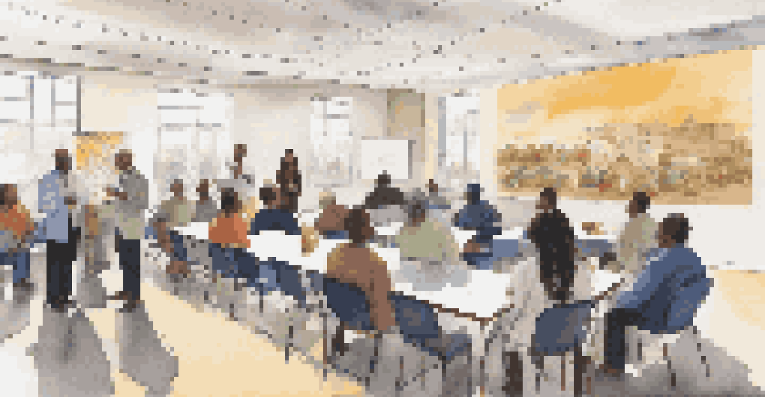 Healthcare providers attending a workshop on cultural competence in a bright community center, focused on learning and collaboration.