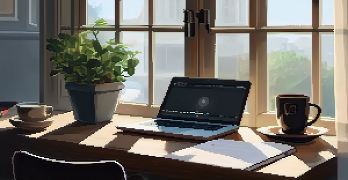 A cozy workspace with a wooden desk, laptop displaying social media, coffee cup, and potted plant, illuminated by soft morning light.