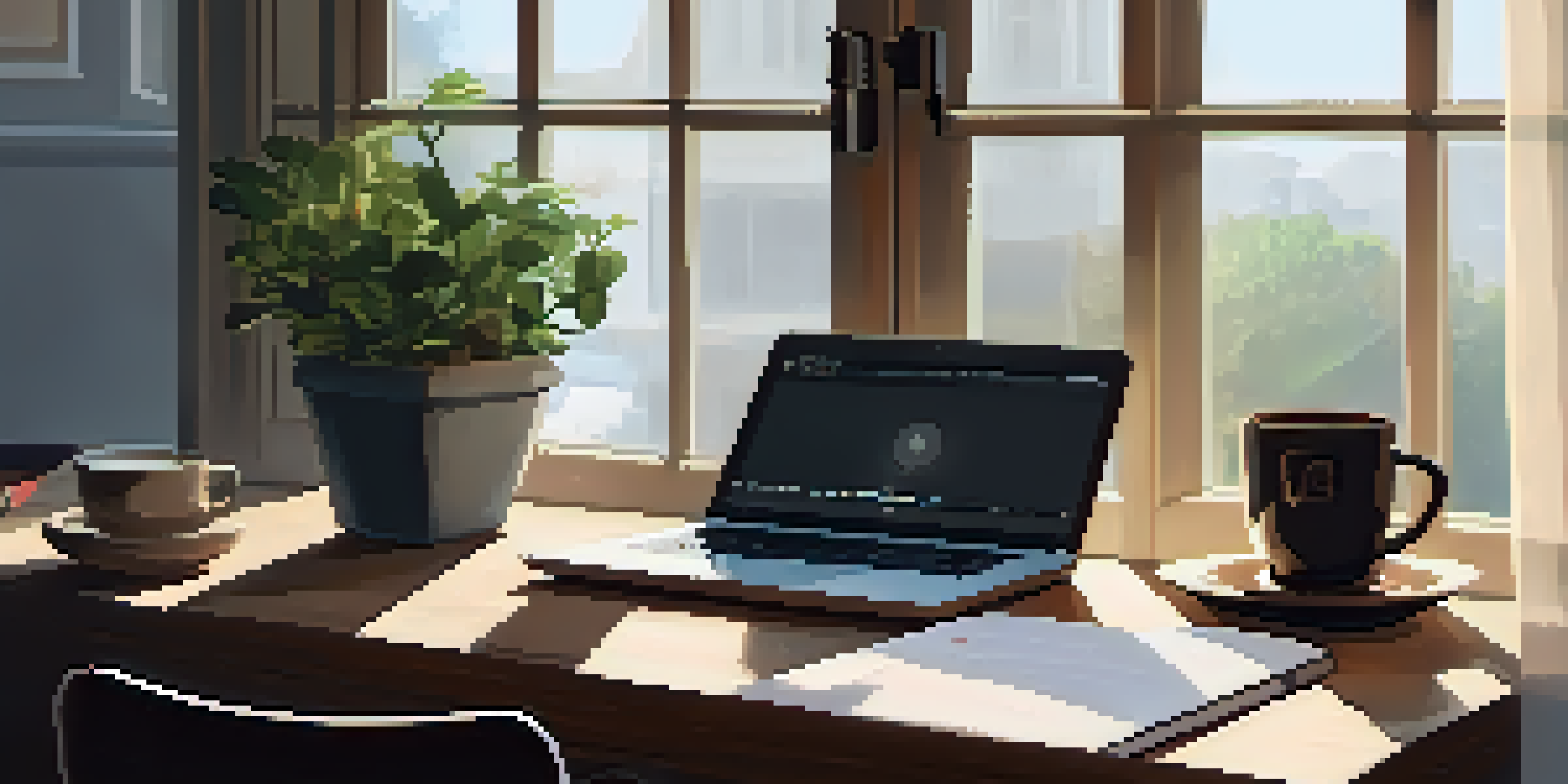 A cozy workspace with a wooden desk, laptop displaying social media, coffee cup, and potted plant, illuminated by soft morning light.