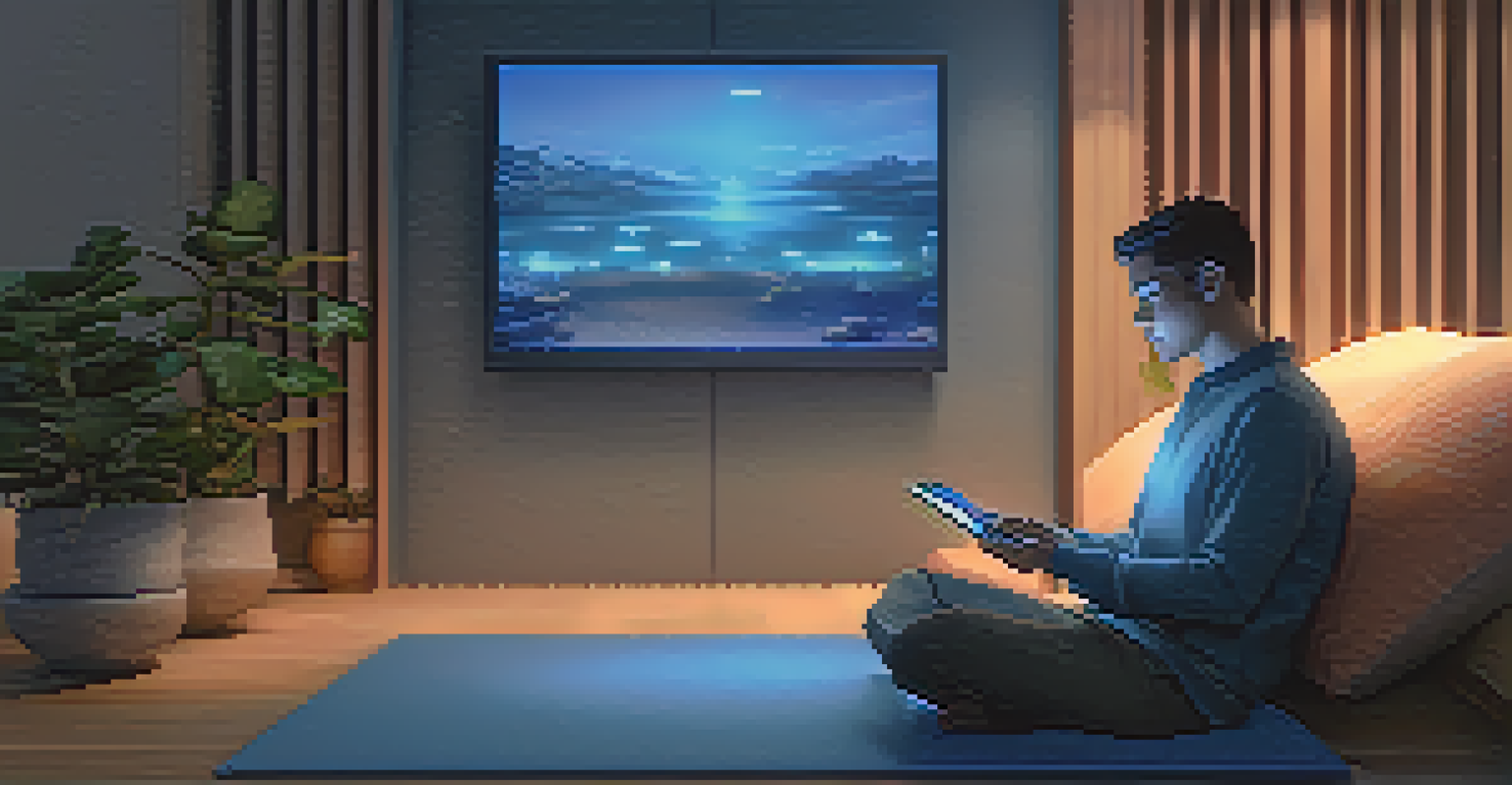 An employee practicing mindfulness with a digital device in a calming environment with dimmed lights.