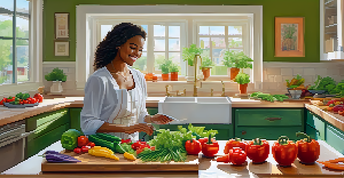 A nutritionist demonstrates how to prepare a colorful salad in a bright kitchen, with fresh vegetables displayed on a cutting board.