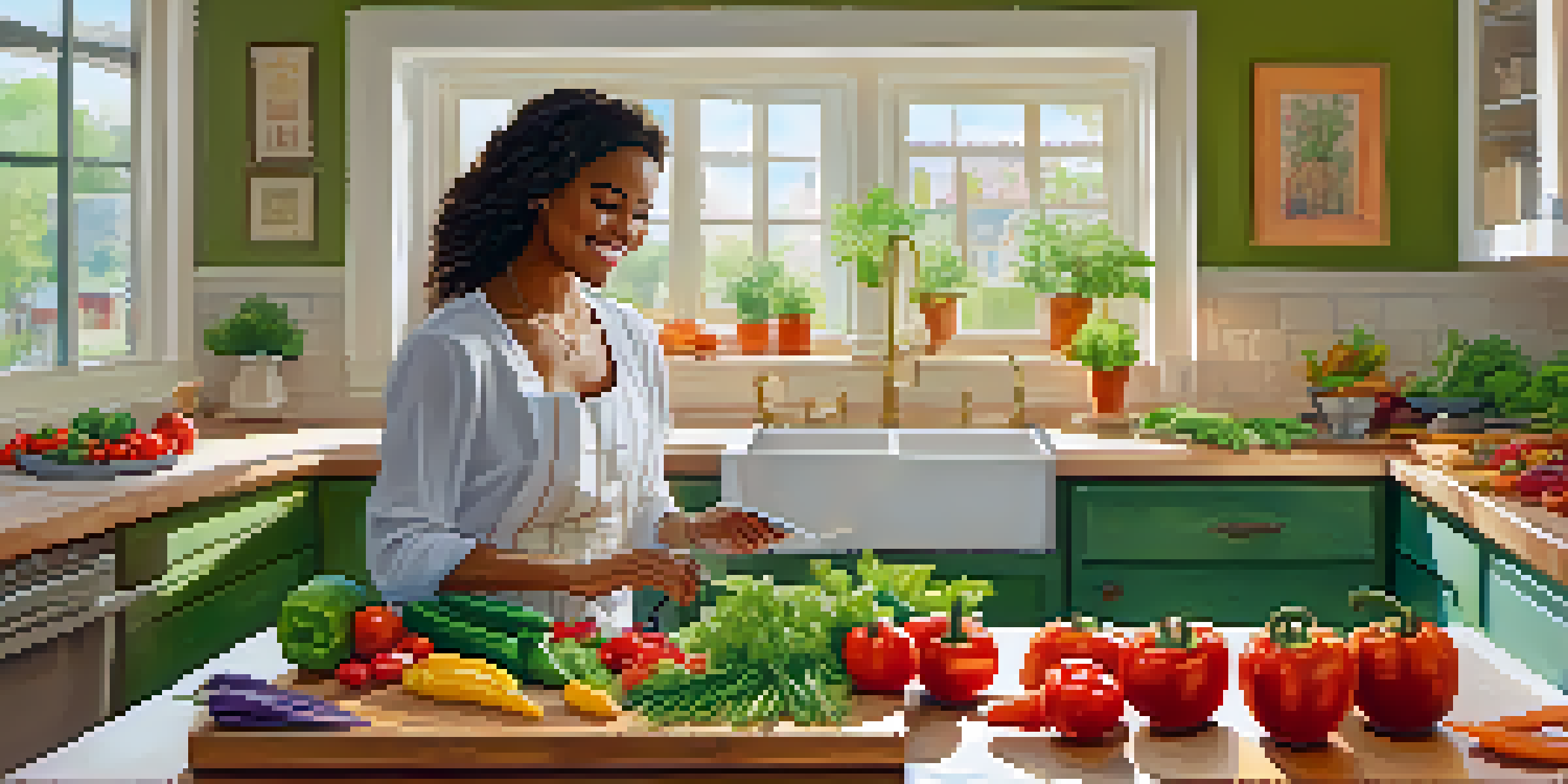 A nutritionist demonstrates how to prepare a colorful salad in a bright kitchen, with fresh vegetables displayed on a cutting board.
