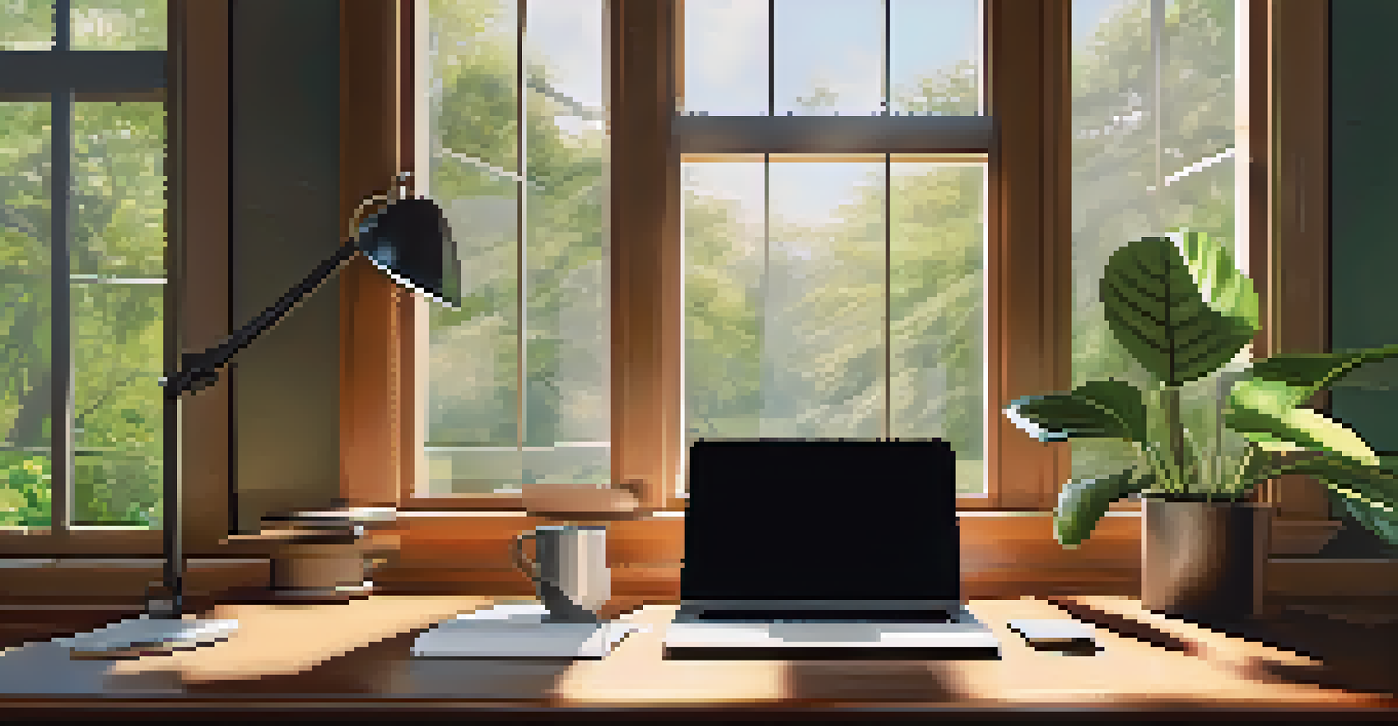 A cozy workspace with a laptop, notepad, and coffee cup, bathed in warm natural light from a window.