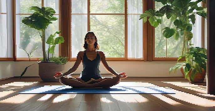 A woman practicing yoga in a sunlit room filled with plants, promoting calm and mindfulness.