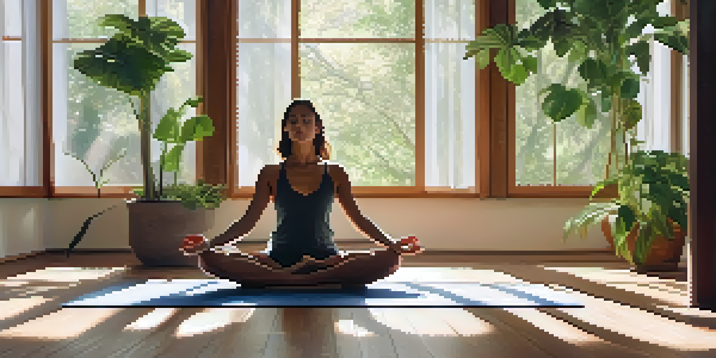 A woman practicing yoga in a sunlit room filled with plants, promoting calm and mindfulness.
