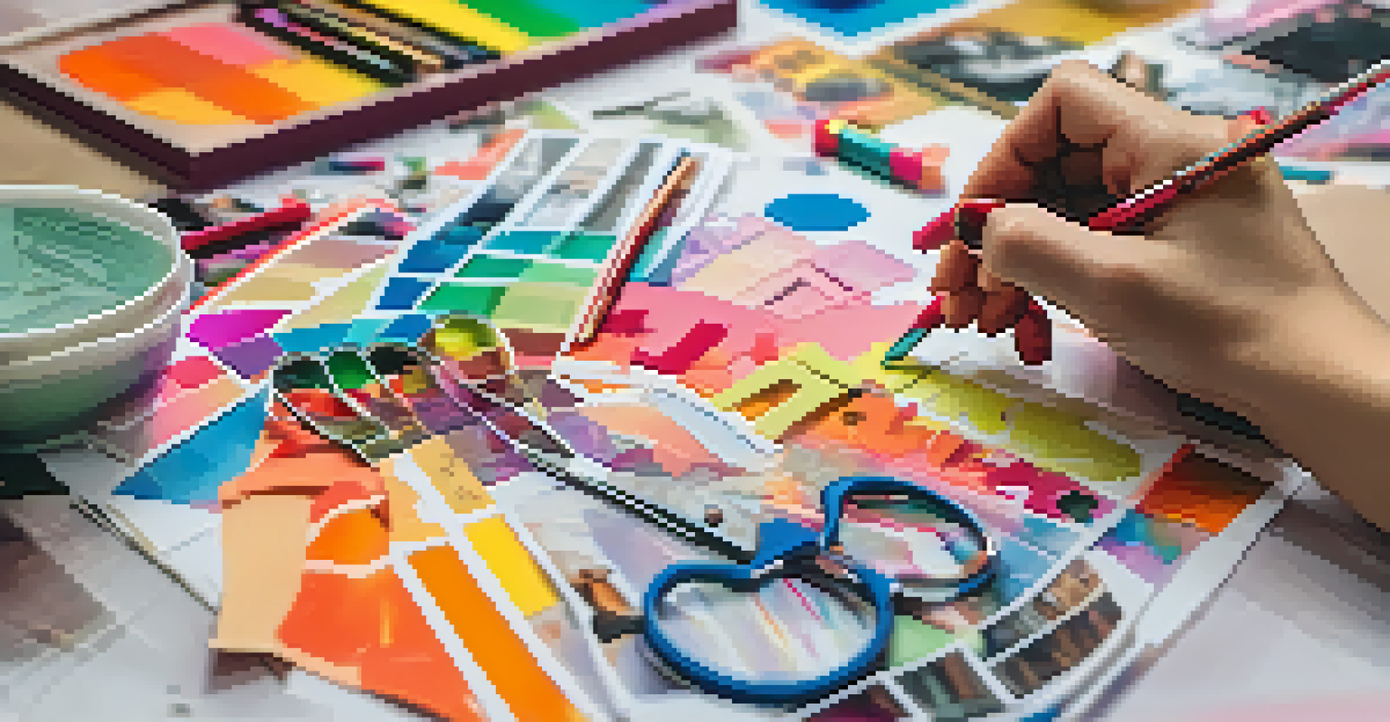 Close-up of hands arranging images and quotes on a vision board, with colorful crafting materials around.