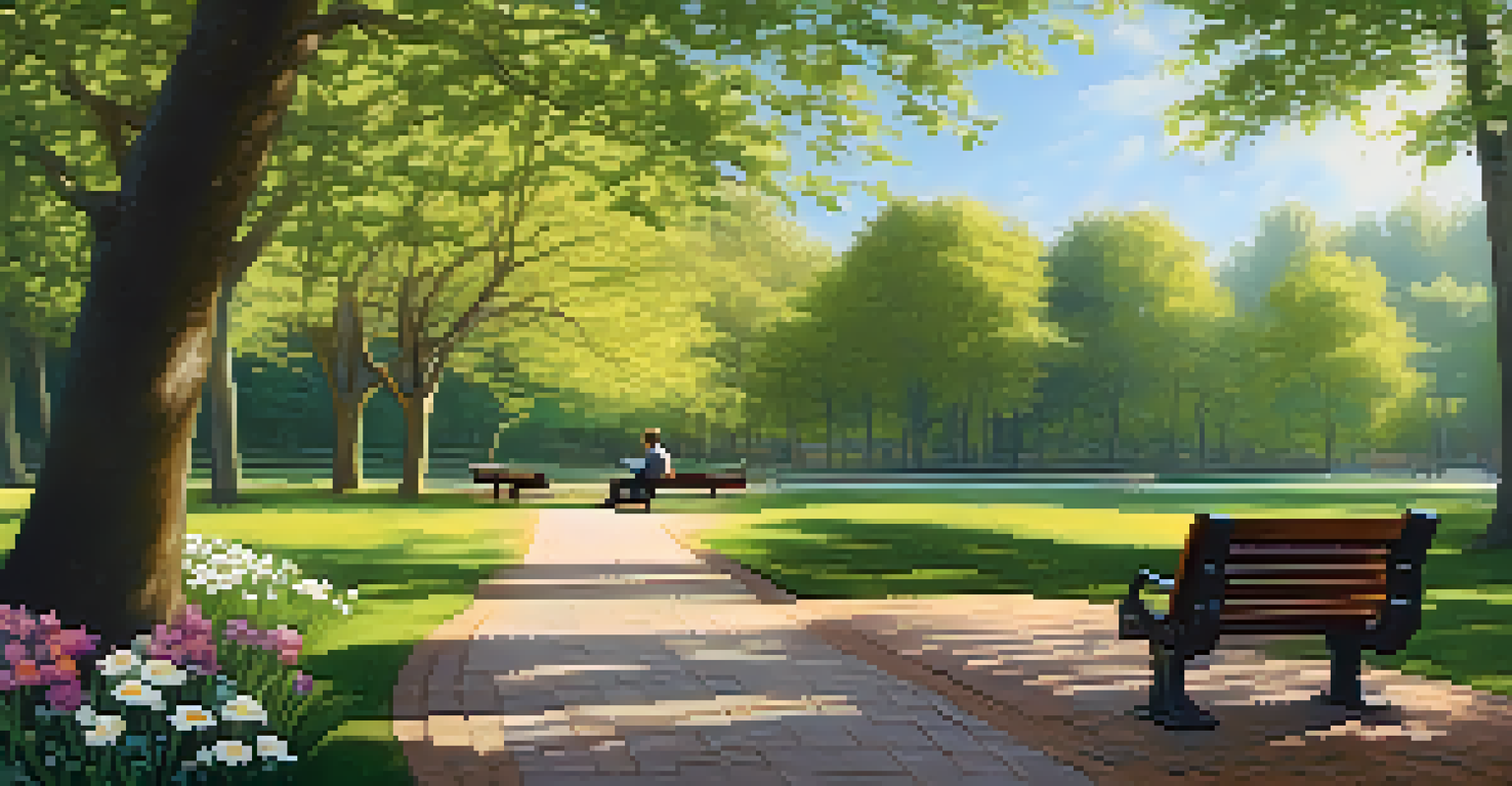 A peaceful park scene with a winding path, tall trees, blooming flowers, and a person reading on a bench.