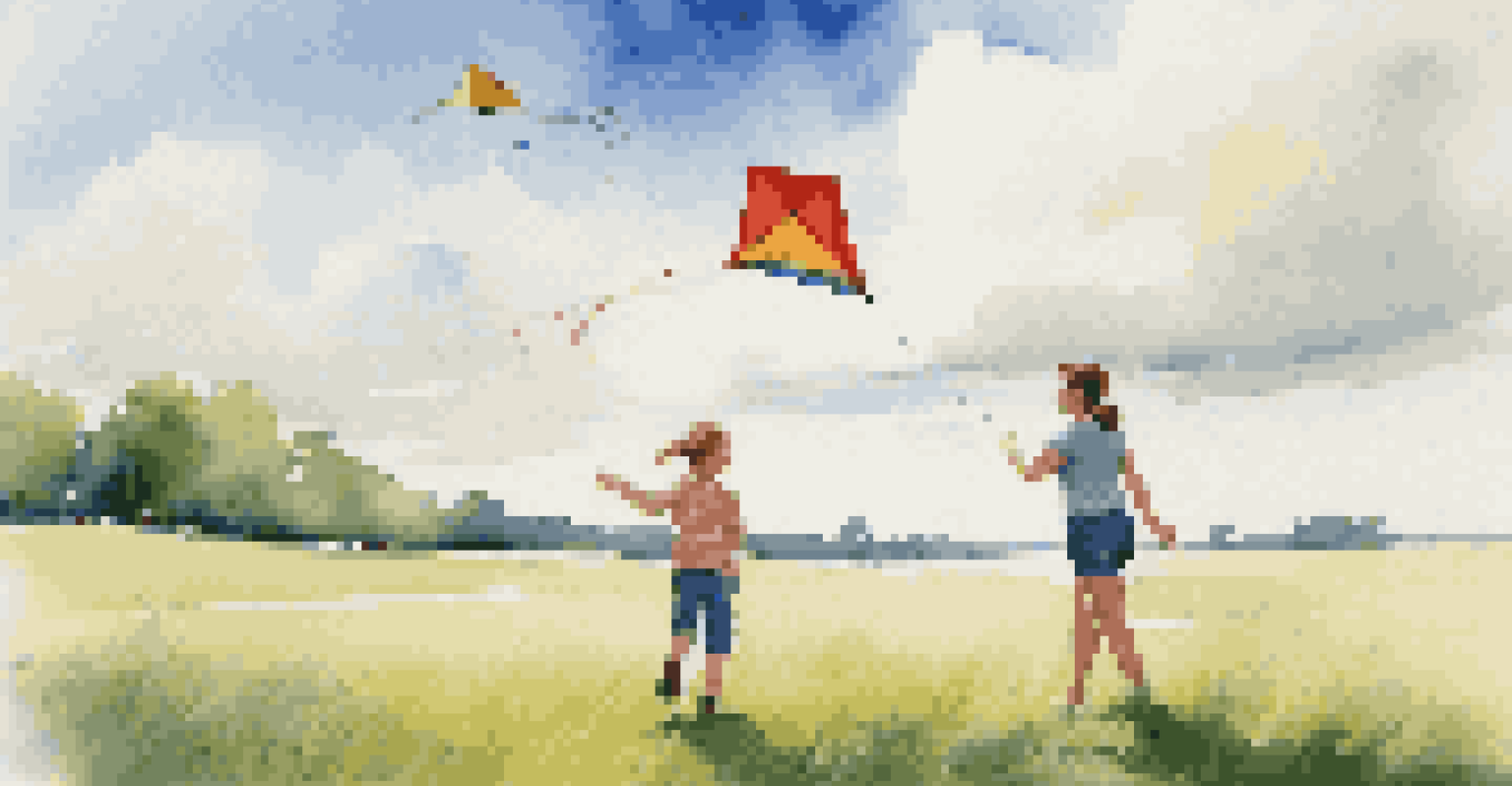 A parent and child flying a kite together in a sunny outdoor setting.