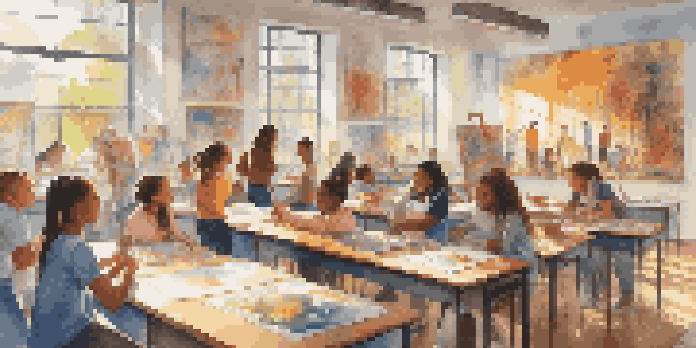 A lively classroom where students of different backgrounds create art, with sunlight shining through the windows.