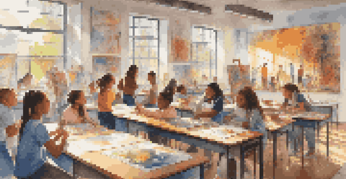 A lively classroom where students of different backgrounds create art, with sunlight shining through the windows.