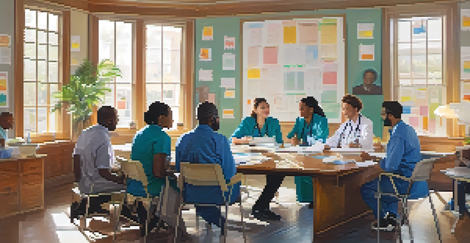 A diverse group of healthcare professionals working together in a bright room, discussing health practices.