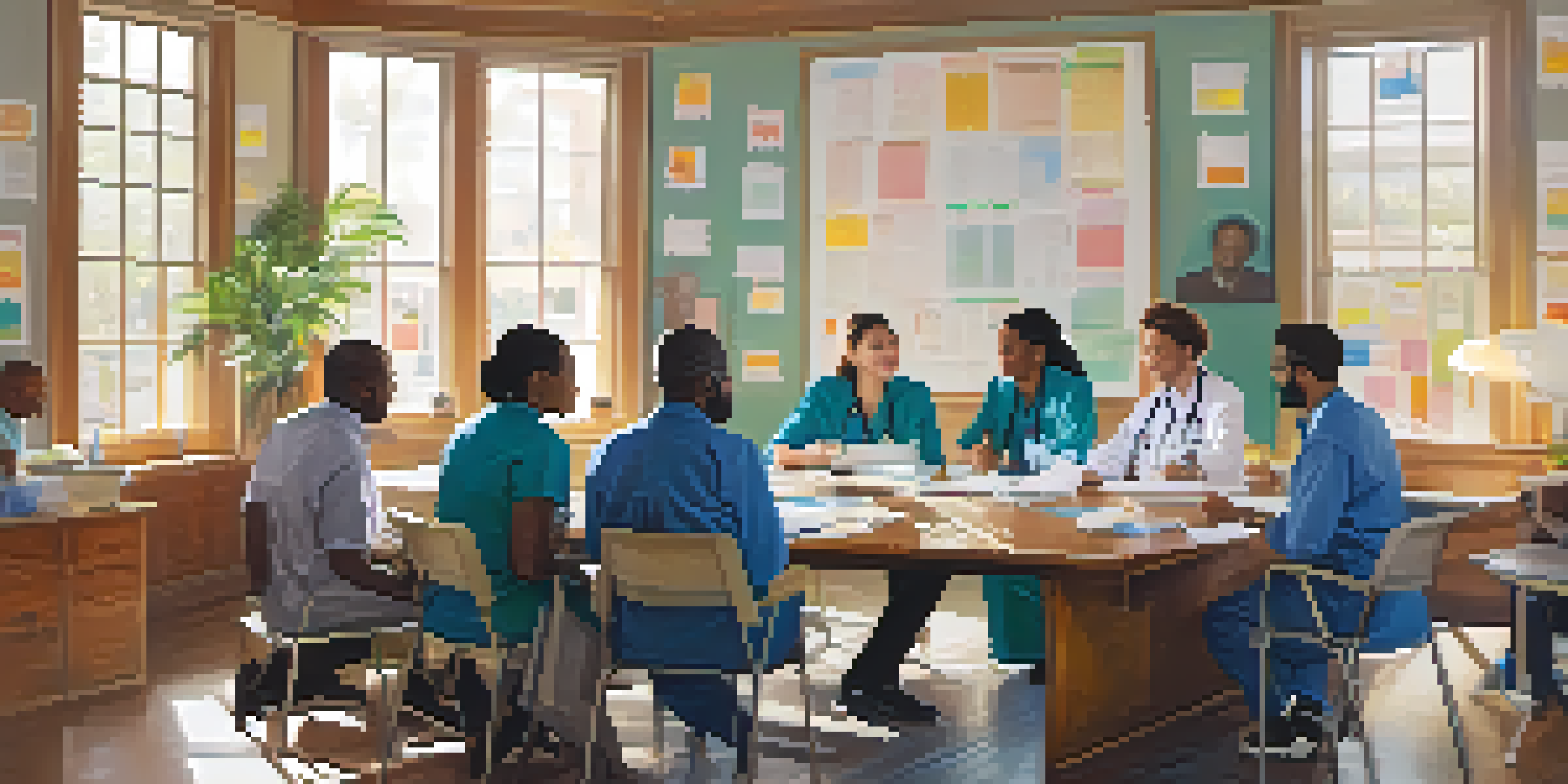 A diverse group of healthcare professionals working together in a bright room, discussing health practices.