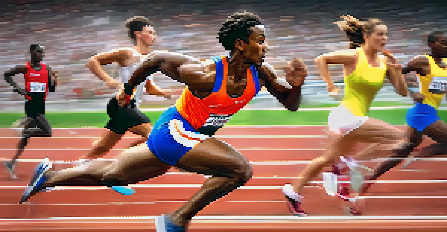An athlete running on a track with a determined look, surrounded by a blurred stadium and cheering spectators.