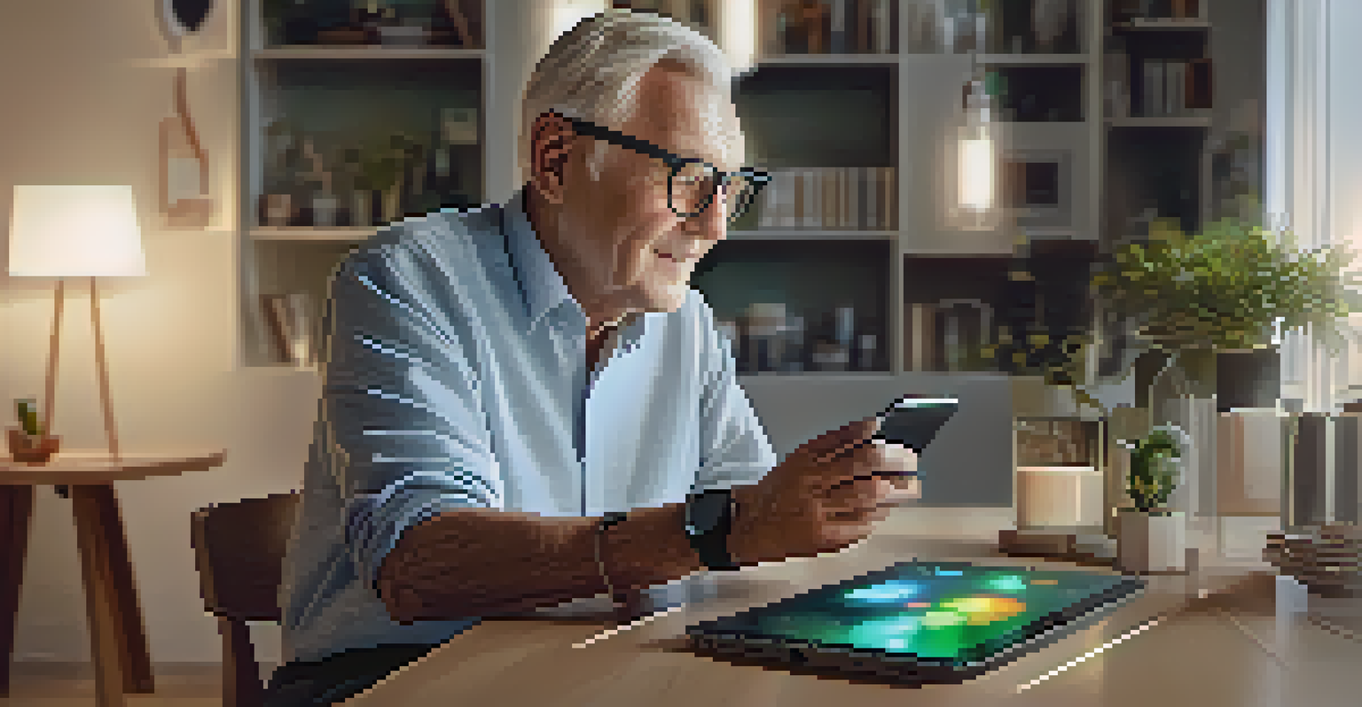 A senior man using technology to enhance home safety and convenience.