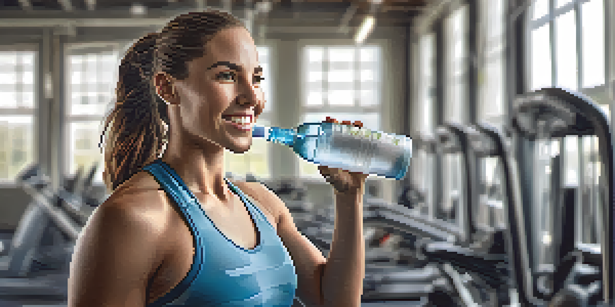 A portrait of a focused athlete in a gym, holding a water bottle and a toothbrush, emphasizing hydration and oral health.