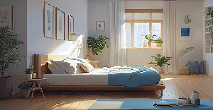 A tranquil bedroom setting with a made bed, soft lighting, candles, a yoga mat, and a journal, promoting a peaceful atmosphere for mindfulness.