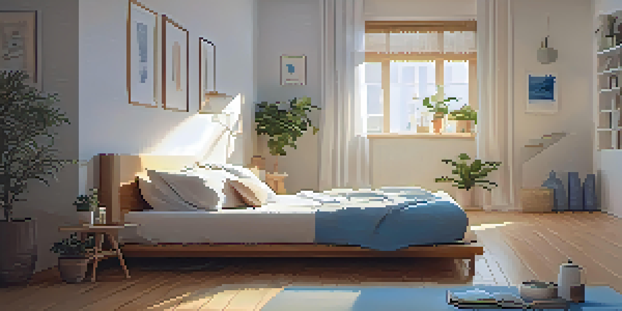 A tranquil bedroom setting with a made bed, soft lighting, candles, a yoga mat, and a journal, promoting a peaceful atmosphere for mindfulness.