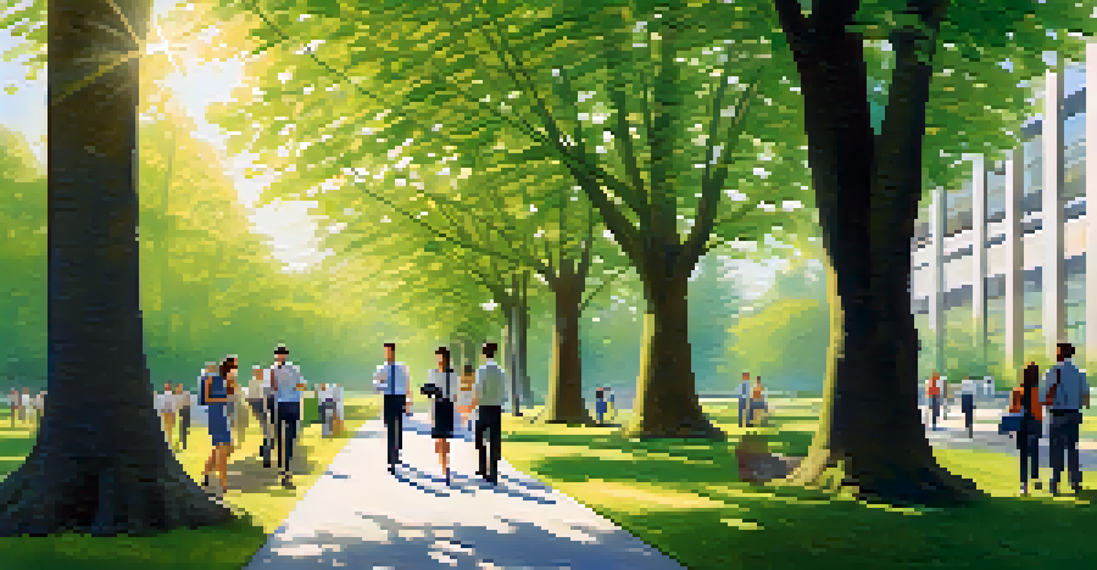 Employees walking outdoors during a meeting, surrounded by trees and greenery, reflecting a healthy work environment.