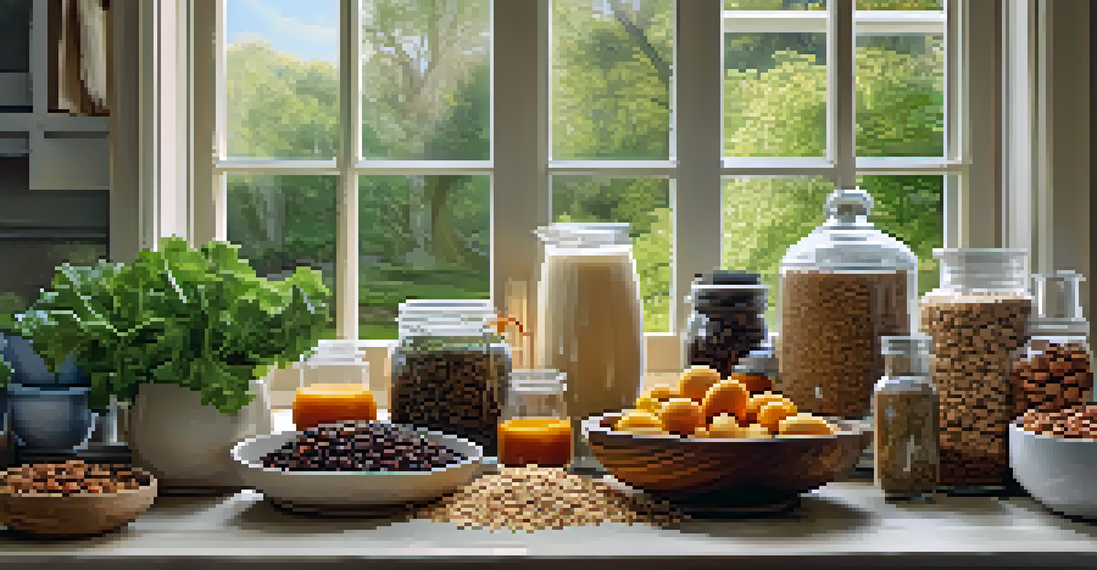 A kitchen table with nuts, seeds, leafy greens, and a bowl of oatmeal, bathed in natural light.